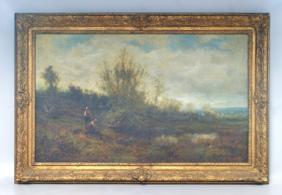 James Crawford Thom, 1835-1898, American, NY, NAD,: James Crawford Thom, 1835-1898, American, NY, NAD, Paris, studied with Corot, o/c, The Faggot Gatherers, 22" x 36" , original condition, no repairs or damage