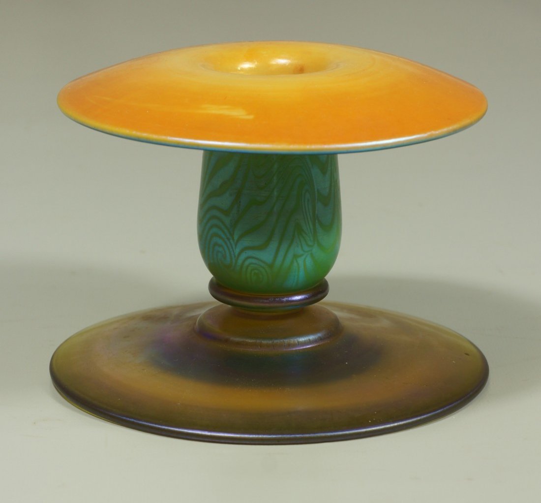 Unsigned Durand King Tut pattern candlestick with gold: Unsigned Durand King Tut pattern candlestick with gold aurene base and flange, stem and underside of top in a blue-green Tut pattern, 3 1/4" tall, 4 5/8" d at base