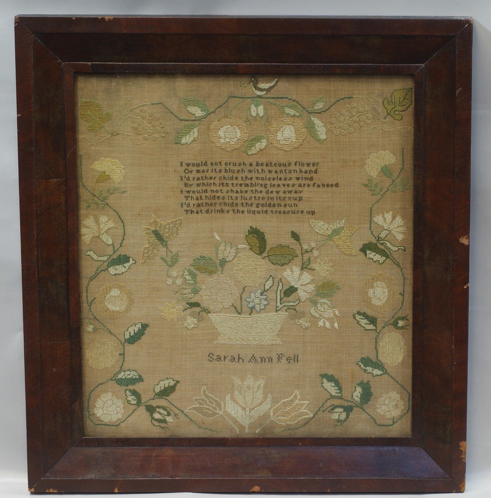 American Schoolgirl Needlework Sampler by Sarah Ann: American Schoolgirl Needlework Sampler by Sarah Ann Fell, Ellicotts Mill, MD, a student at Westtown School beginning in Nov, 1827, vine with birds border, field with a verse and a basket of flowers wi