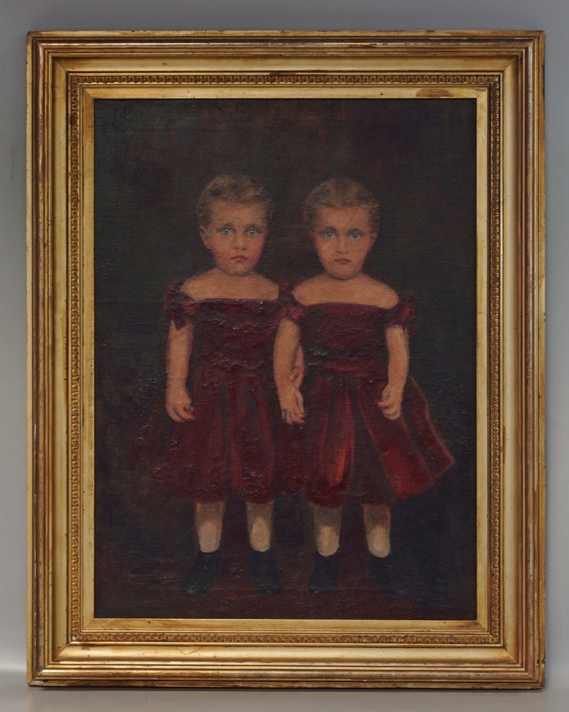 American School, 19th c, o/c, identified verso as ": American School, 19th c, o/c, identified verso as " Caroline and Harriet Wade, Twin Daughters of Captain Benjamin Wade of Sag Harbor, New York", unsigned, relined, on new stretcher, 24" x 18 1/4" canv