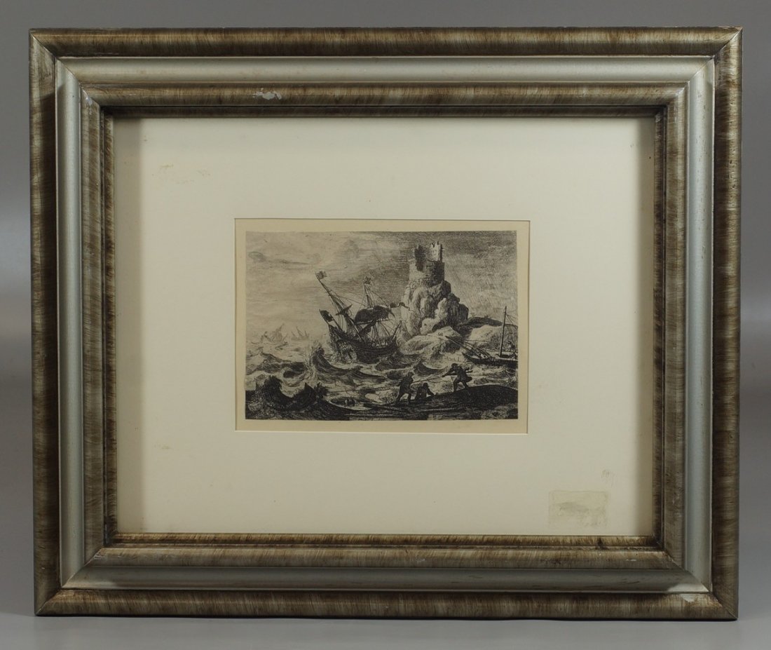 Claude Lorrain (Claudio Gilled), French, c. 1600-1682,: Claude Lorrain (Claudio Gilled), French, c. 1600-1682, etching, "The Shipwreck", 7 3/4" x 5 3/4" paper size, 15" x 18" framed, trimmed and laid on paper
