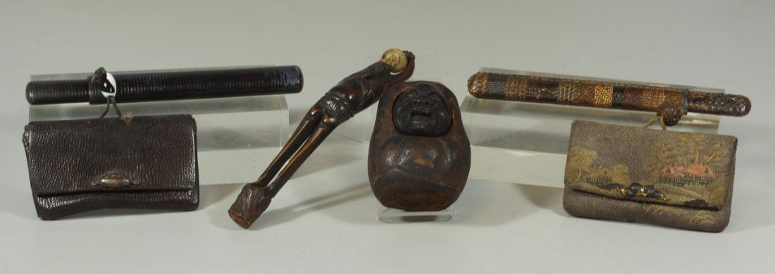 3 Pcs of Japanese Smoking Accessories to include a: 3 Pcs of Japanese Smoking Accessories to include a woven bamboo pipe case (missing pipe), with a tapestry pouch with mixed metal menuki closure, another pipe case with a leather pouch, and figural tob