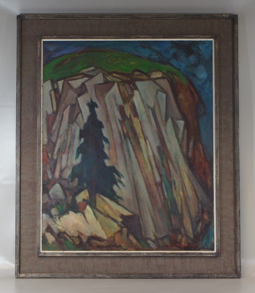 G Ralph Smith, American, PA, 1941-2010, o/c, "Rock: G Ralph Smith, American, PA, 1941-2010, o/c, "Rock Formation", Framed, with Original Woodmere Art Gallery tags on verso, 27" x 33 1/2" , Born in Circleville Ohio, Smith graduated from the Columbus Art