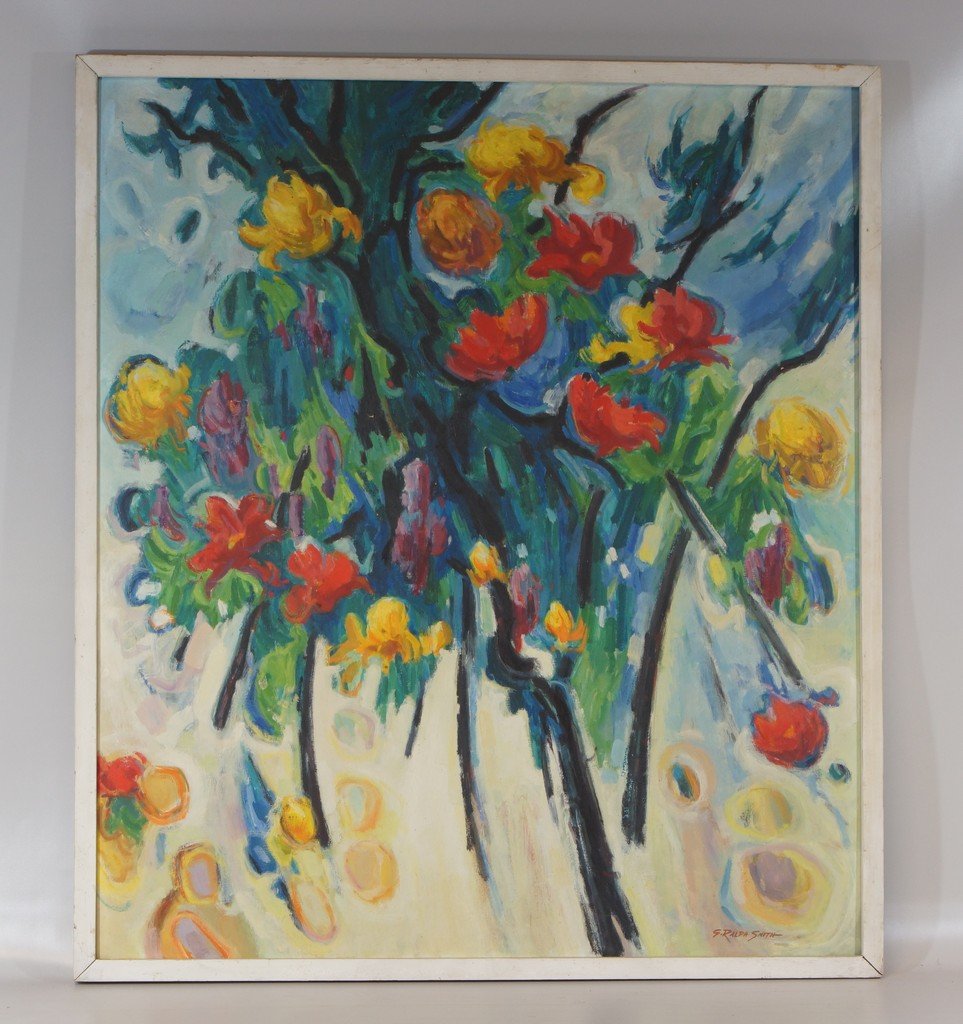G Ralph Smith, American, PA, 1941-2010, oil on board,: G Ralph Smith, American, PA, 1941-2010, oil on board, "Bright Flowers", Framed, 29" x 33" , Born in Circleville Ohio, Smith graduated from the Columbus Art School in 1929 and went on to attend the Pen