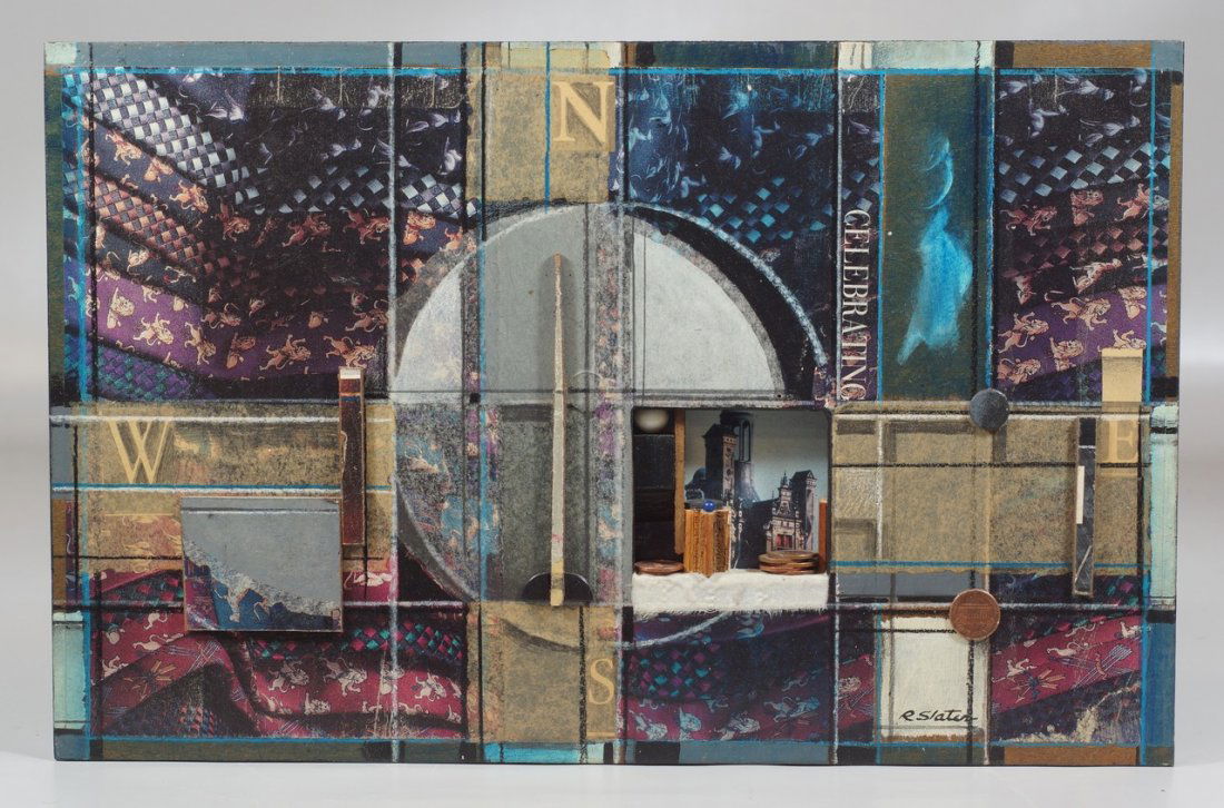 Roderick Slater, American, b. 1937, Mixed Media: Roderick Slater, American, b. 1937, Mixed Media collage, "Options For Some", 10 3/4" x 16 3/4" overall, Hahn Gallery, Philadelphia, PA label on verso