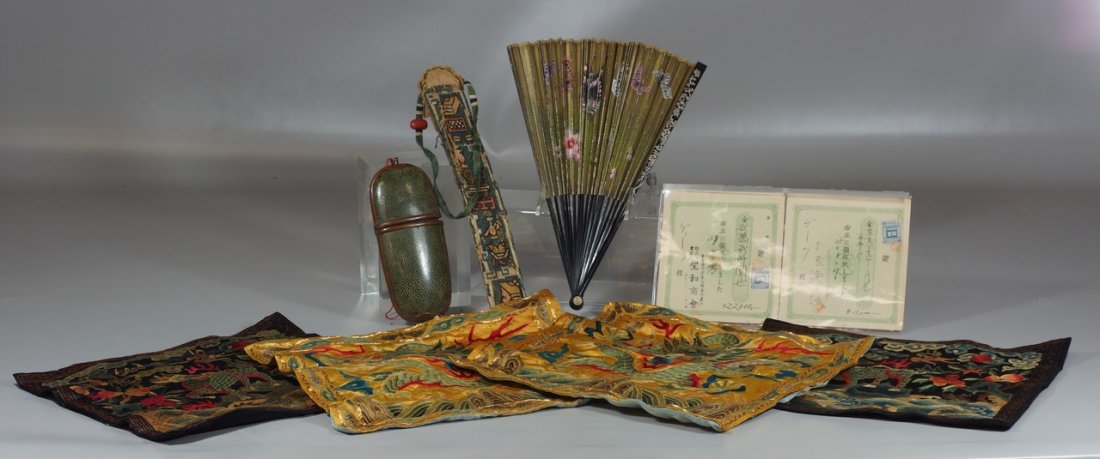 7 Pcs of Chinese and Japanese to include rank badges,: 7 Pcs of Chinese and Japanese to include rank badges, fan, shagreen eyeglass case, and paper ephemera, badges measure 12" square