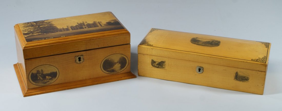 (2) W & A Smith Mauchline ware dresser boxes, first 8": (2) W & A Smith Mauchline ware dresser boxes, first 8" w, with views of Carstairs House, Bonnington Falls, Corra Linn in Lanark, silk lined interior; the other 9 3/4" long, St Vincents Rocks, Clifton;