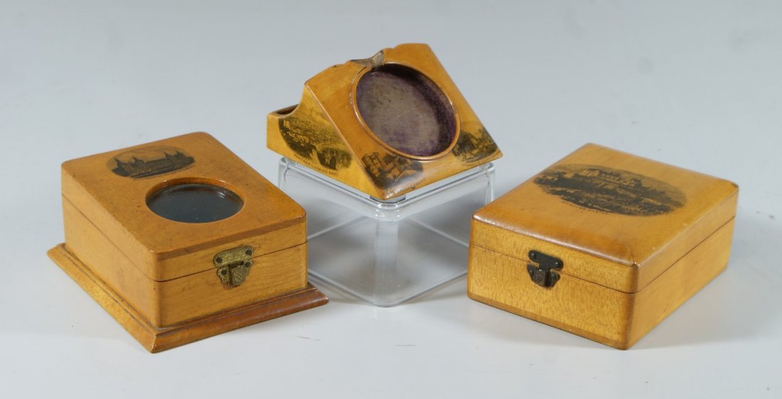 (3) W & A Smith Mauchline ware watch holders/boxes,: (3) W & A Smith Mauchline ware watch holders/boxes, first 3" w, 4" d, with view of Sterling Castle, interior fitted for a watch 50 mm OD; the 2nd 3" x 4", Rhyl Aquarium and Winter Gardens, lid with ro