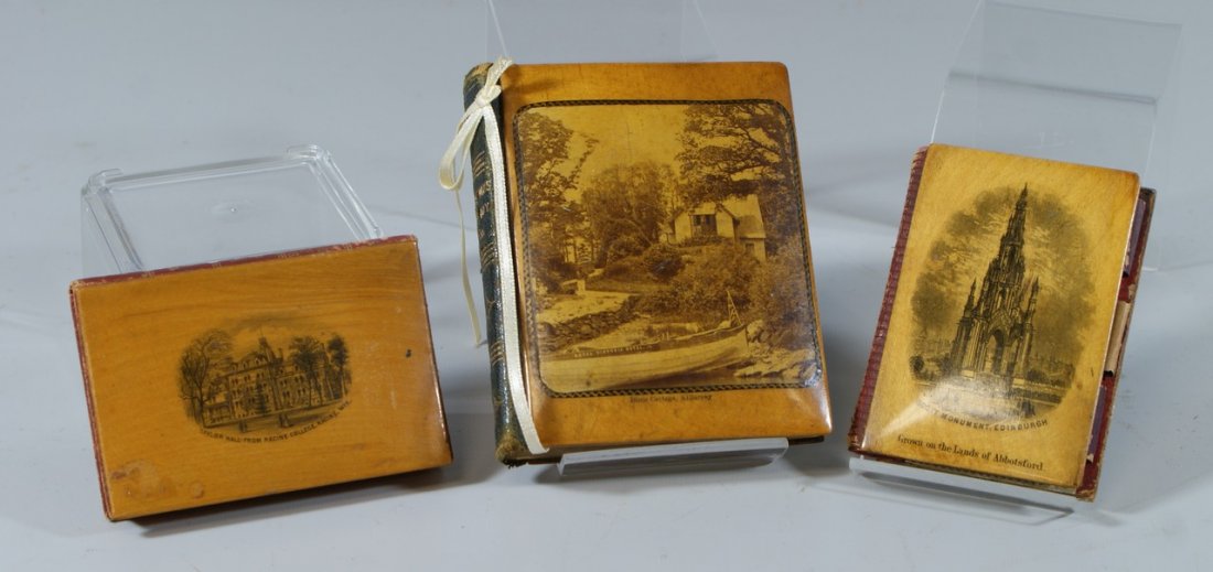 (3) W & A Smith Mauchline ware books/notebook, first 4: (3) W & A Smith Mauchline ware books/notebook, first 4 1/8" h, 3 3/8" w, The Little Folks Birthday Book, Edinburgh, 1886, cover with view of Dinis Cottage, Killarney; the 2nd 2 3/8" x 3 1/2", Golden T