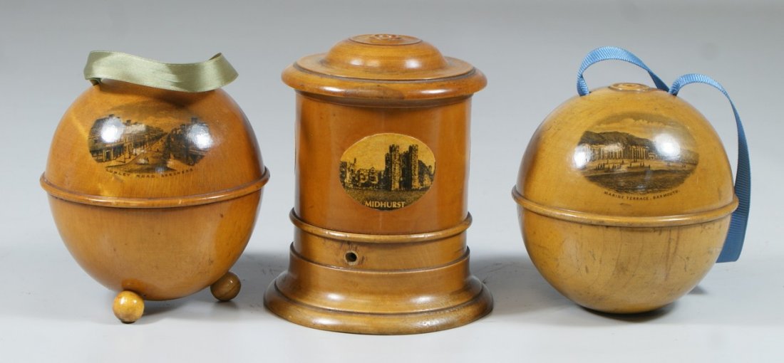 (3) W & A Smith Mauchline ware string/thread: (3) W & A Smith Mauchline ware string/thread dispensers, first 4 1/2" h, with 3 spool thread storage in base, dispenser in top section, Views of Midhurst, Arundel, Rognor; 2 ball shaped string holders