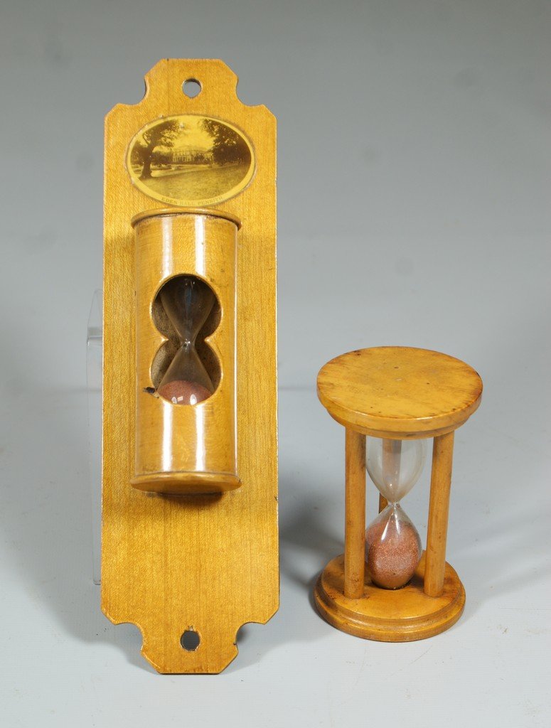 (2) W & A Smith Mauchline ware egg timers, first wall: (2) W & A Smith Mauchline ware egg timers, first wall mount 7 3/4" h, Eden Hall, Pennrith; 2nd on 3 1/4" h, 2" d, State Capital, Hartford, Conn; excellent condition