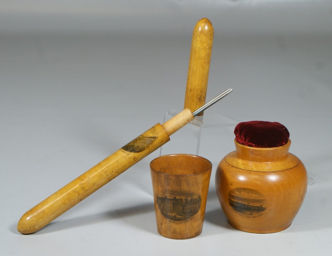 (3) W & A Smith Mauchline sewing accessories, first J&P: (3) W & A Smith Mauchline sewing accessories, first J&P Coats Cotton covered box, Pigeon Cove, Cape Ann, Mass, 3 1/4" d; open top pin cushion, Wayside Inn, South Sudbury, Mass, 2 3/8" h; knitting need