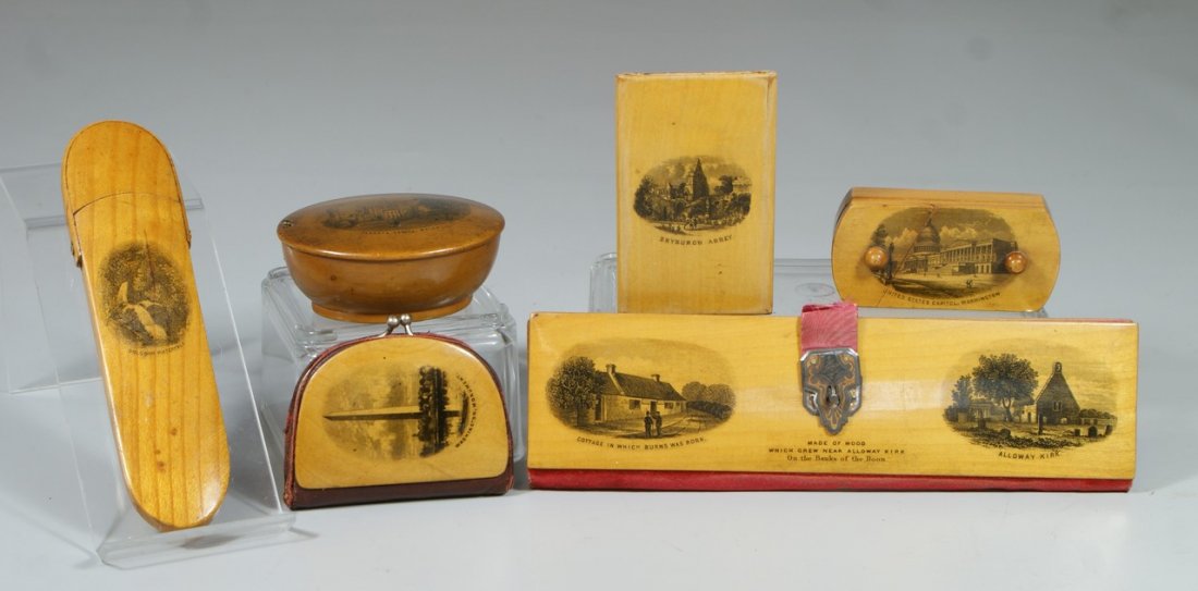 (6) W & A Smith Mauchline dresser accessories, a purse,: (6) W & A Smith Mauchline dresser accessories, a purse, Washington Monument; trick box, United States Capitol; oval box, Penryhn Castle, Wales; card holder, Melrose Abbey; eyeglass case, Dolcoch Water