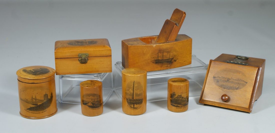 (7) W & A Smith Mauchline dresser accessories, 4: (7) W & A Smith Mauchline dresser accessories, 4 cylindrical boxes, one with crystal perfume bottle, one with JP Westhead advertising label on bottom, rectangular box, slant front box, block plane for