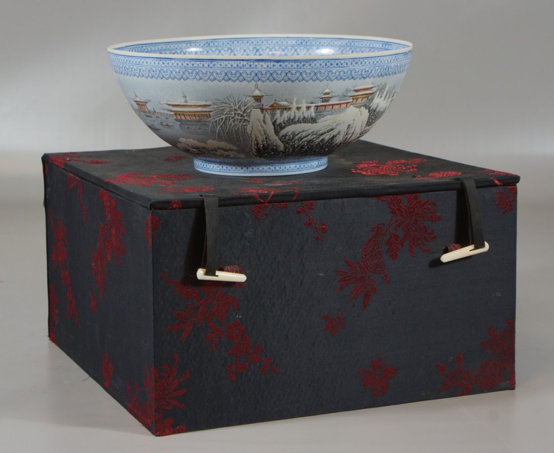 Chinese eggshell porcelain bowl with temple scenes,: Chinese eggshell porcelain bowl with temple scenes, mark to base, with box, 9" diameter