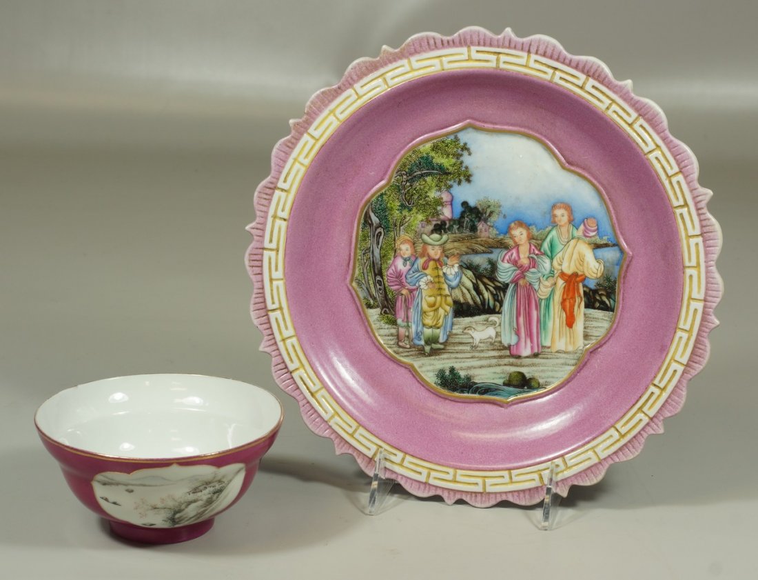 2 pcs of Chinese Porcelain to include a Rose Du Barry: 2 pcs of Chinese Porcelain to include a Rose Du Barry bowl with mark to base, 5" diameter, and a scalloped edge plate with European scene center, 10", mark to base