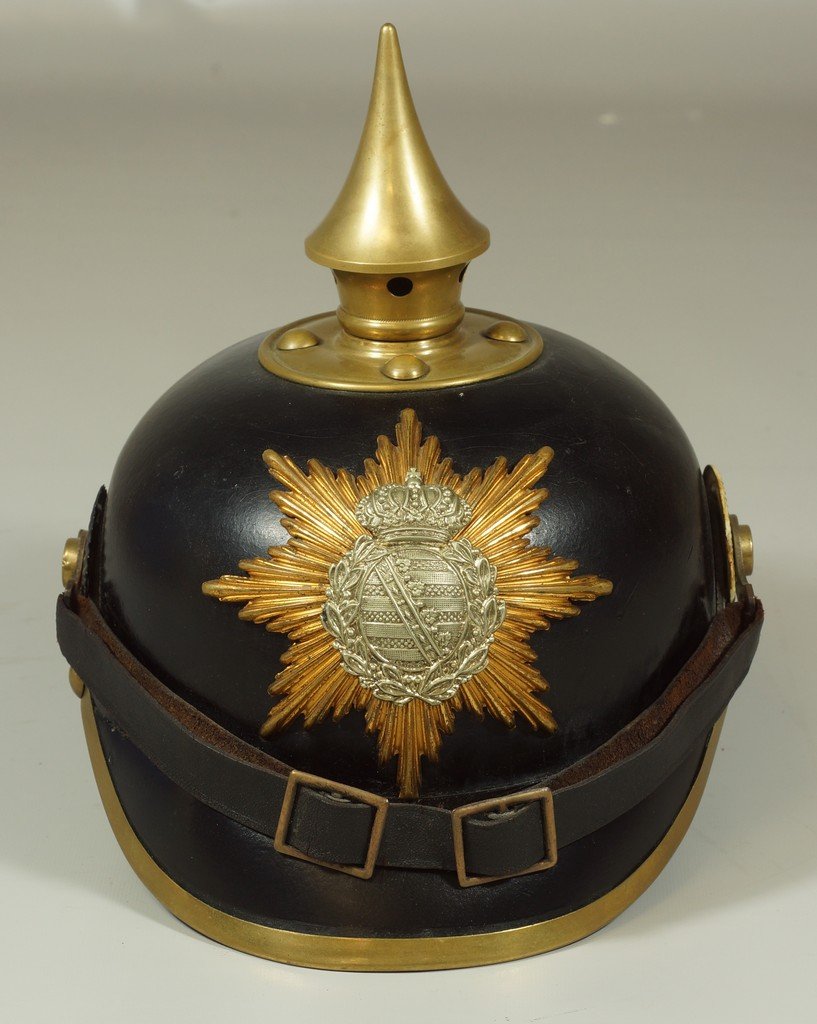 Imperial German M1895 Sachsen (Saxony) pickelhaube,: Imperial German M1895 Sachsen (Saxony) pickelhaube, marked "182R 7 K 2 B" inside rear visor, wear to liner and lower edge, generally very good