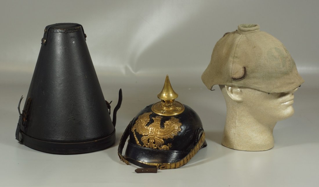 Imperial German Prussian officers leather pickelhaube,: Imperial German Prussian officers leather pickelhaube, M1895, scaled chin strap, missing one star at spike base, general wear and creases to leather, inside with wear, with cover and carrying case
