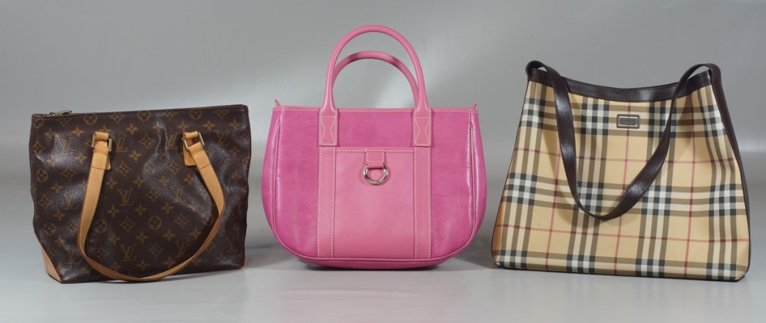 3 Designer handbags to include one Louis Vuitton, one: 3 Designer handbags to include one Louis Vuitton, one Lancel pink bag, and one Burberry, all with original dust sacks, the largest approx 12" high x 15" wide