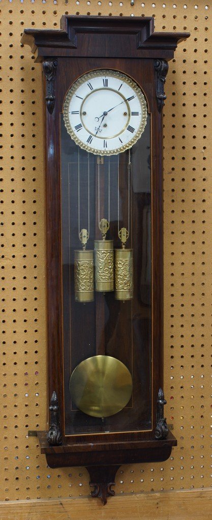 Rosewood veneer 3 weight Vienna regulator, 3rd 1/4 19th: Rosewood veneer 3 weight Vienna regulator, 3rd 1/4 19th c, hairlines in chapter ring, crack in left side glass, replaced weights, small piece of crown molding replaced