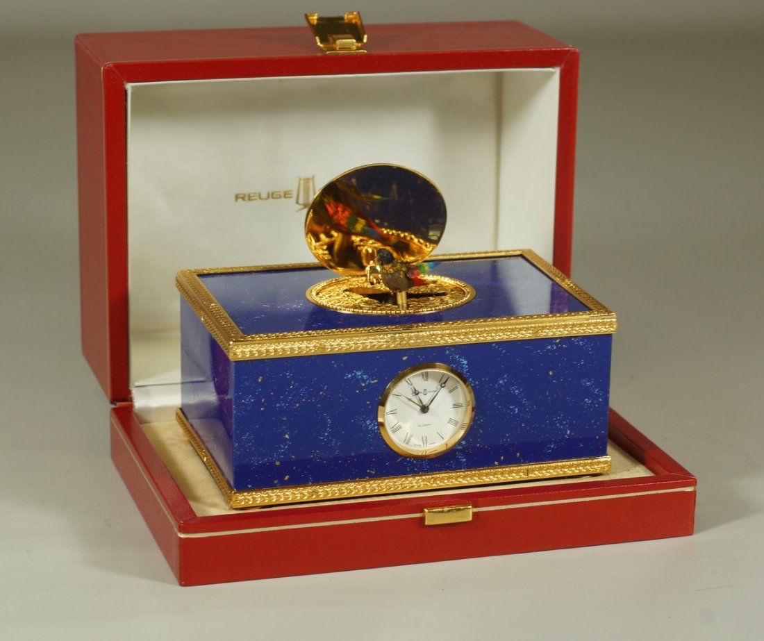Reuge Musical Singing Bird Alarm Clock, in lapis lazuli