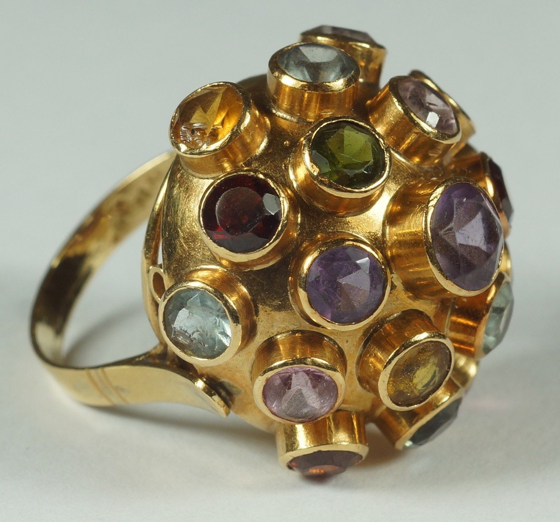 18K YG "Sputnik" ring by H Stern, set with 19 various: 18K YG "Sputnik" ring by H Stern, set with 19 various colored stones, stamped 750 / MC / 102, 5 dwt, size 5
