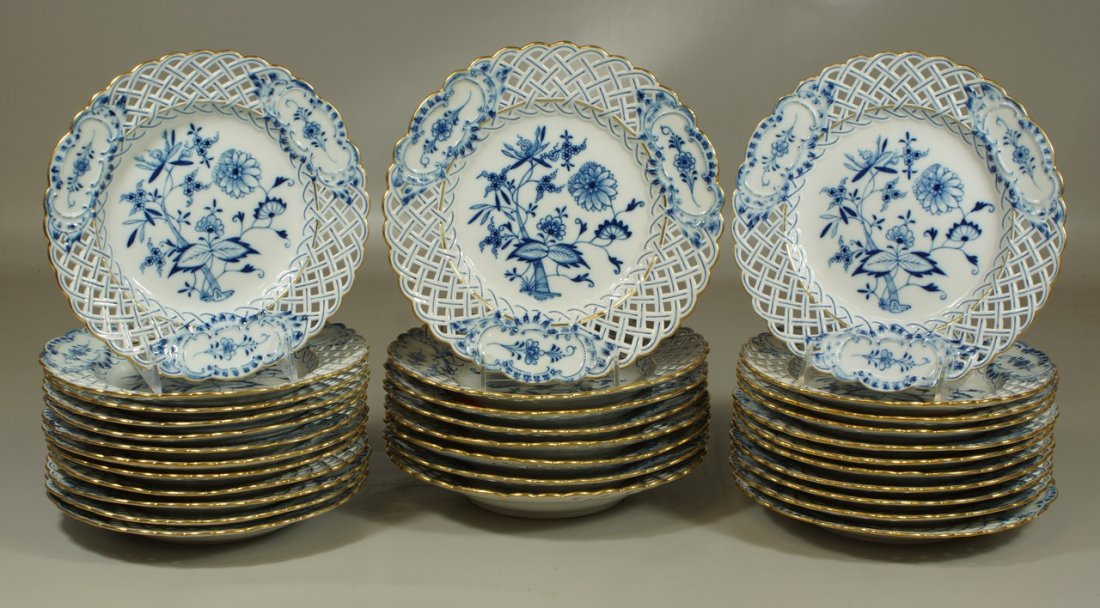 31 Meissen Blue Floral plates w/reticulated borders,: 31 Meissen Blue Floral plates w/reticulated borders, (8) 9 3/8" d, (10) 8 3/4" d, (13) 9" d, no damage, all with crossed swords mark