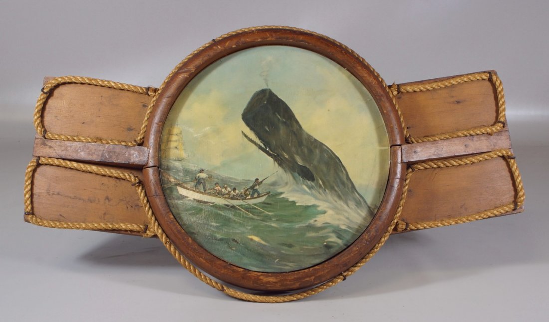 Oil on paper whaling scene, 12" d, mounted in a wood: Oil on paper whaling scene, 12" d, mounted in a wood porthole style frame with rope trim, 27" long