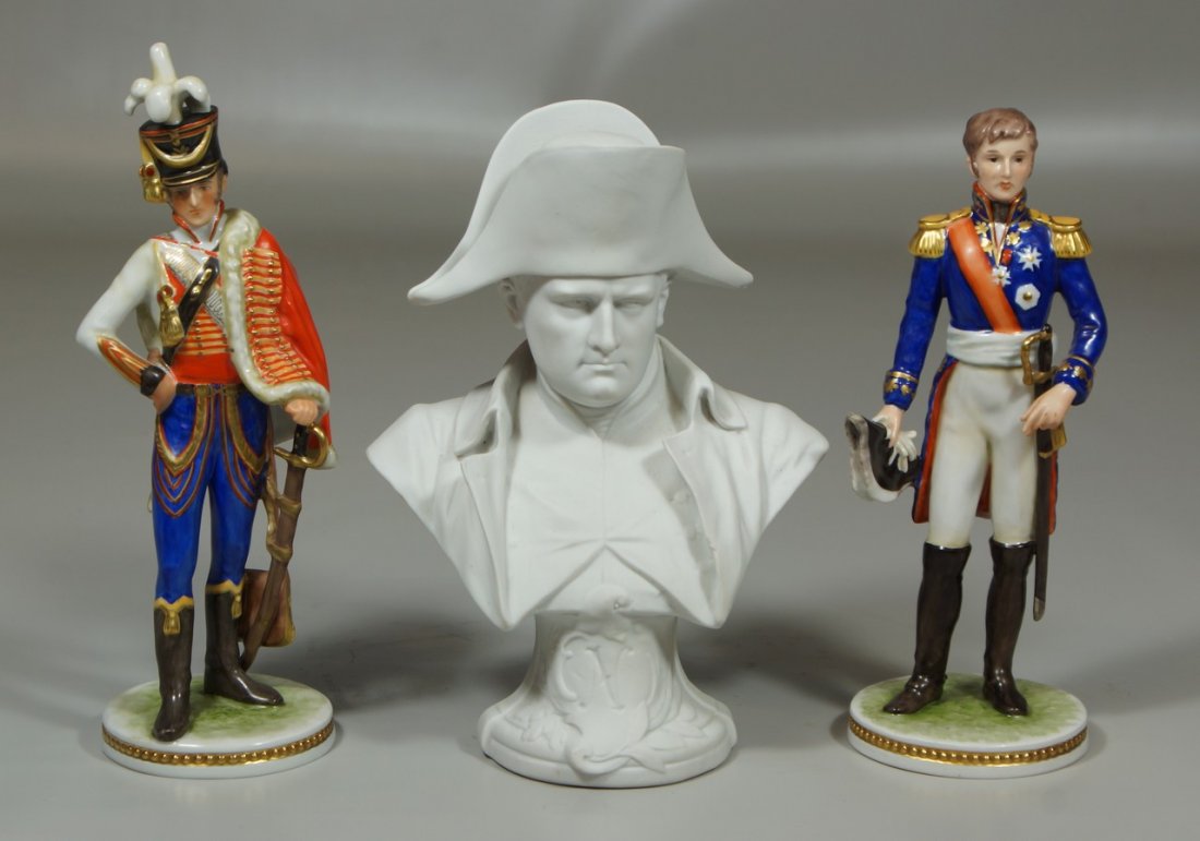(2) Alka Bavarian porcelain military uniform: (2) Alka Bavarian porcelain military uniform figurines,Tunot, Lannet, Made in Western Germany, 7 3/4", 8 1/2" h, with a parian bust of Napoleon, Capo di Monte mark, 7 1/2" h