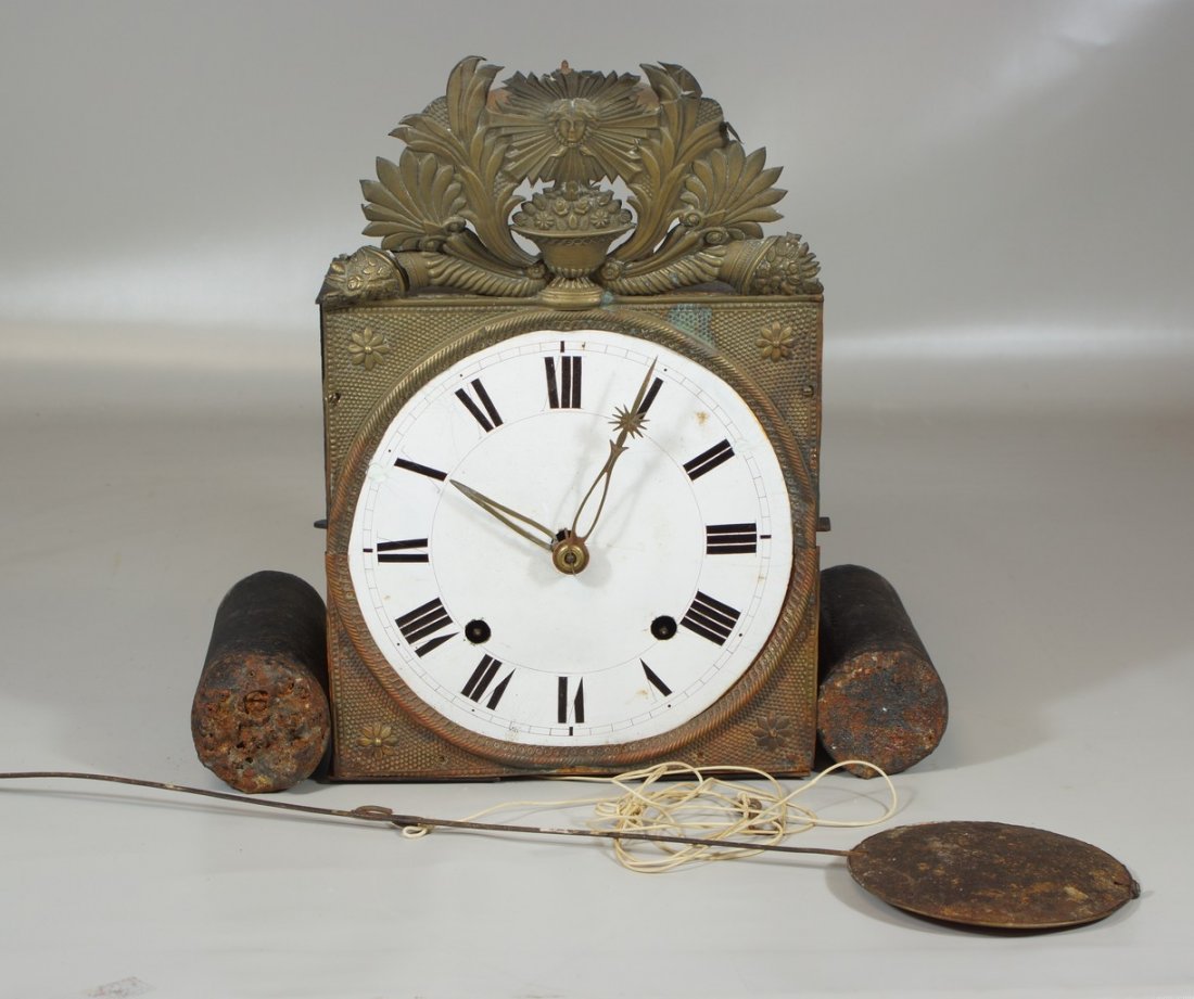 Continental wag on wall clock, sheet metal enclosed: Continental wag on wall clock, sheet metal enclosed brass movement, 2 CI weights, plain brass bob pendulum on wire shaft, 8 1/2" dial with hairlines, 19th c