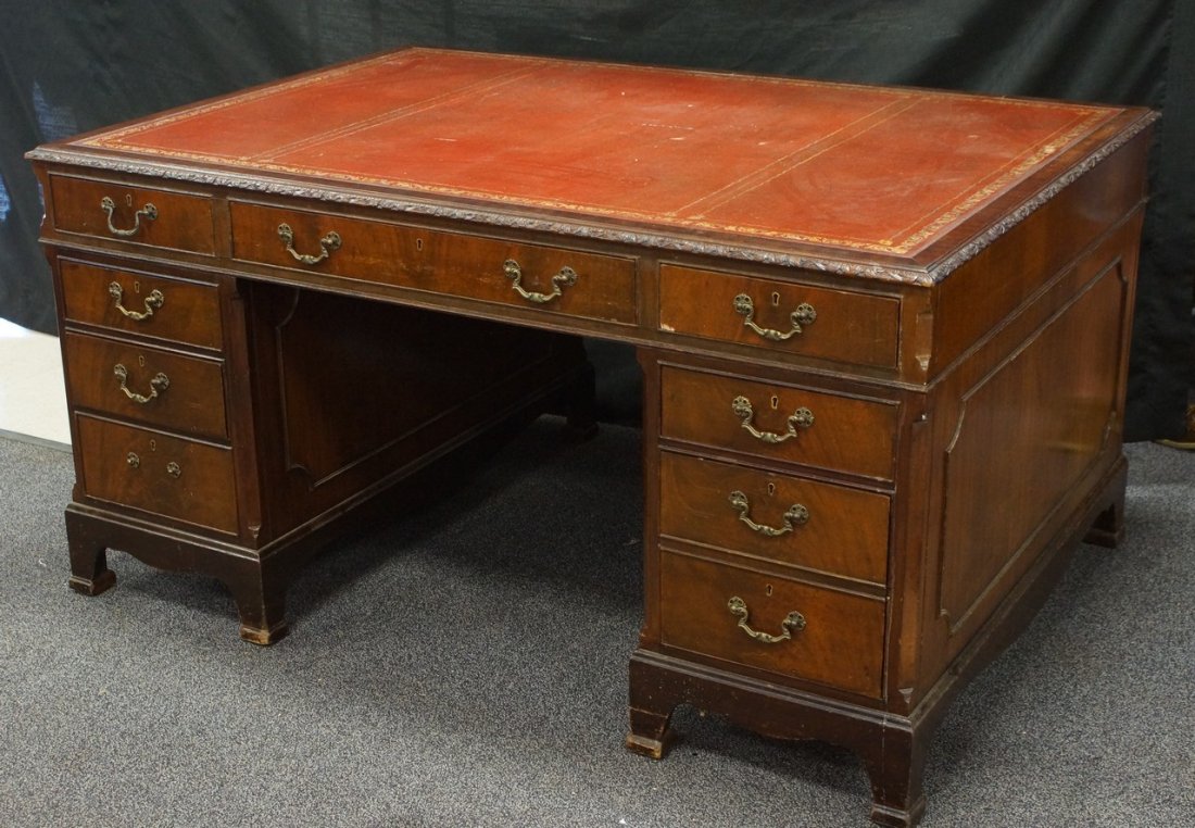 Mahogany 3-part bench made mahogany partners desk with: Mahogany 3-part bench made mahogany partners desk with leather inset top, mid-late 20th C, 48" w