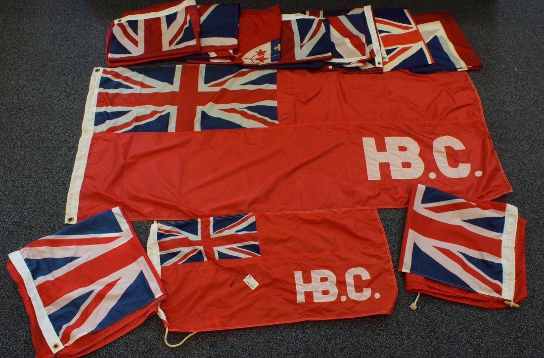 12 British Union Jack flags, smallest 17 1/2" X 35" ,: 12 British Union Jack flags, smallest 17 1/2" X 35" , largest 33 1/2" X 72"