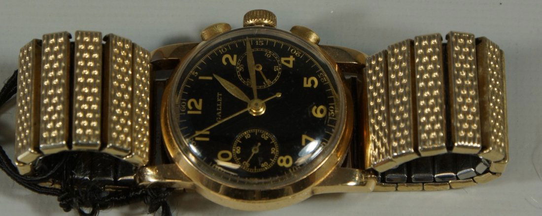 Gallet 14K YG 17j chronometer, SN in case 35483, runs: Gallet 14K YG 17j chronometer, SN in case 35483, runs and functions when wound, Kreisler expansion band, generally very good estate found watch
