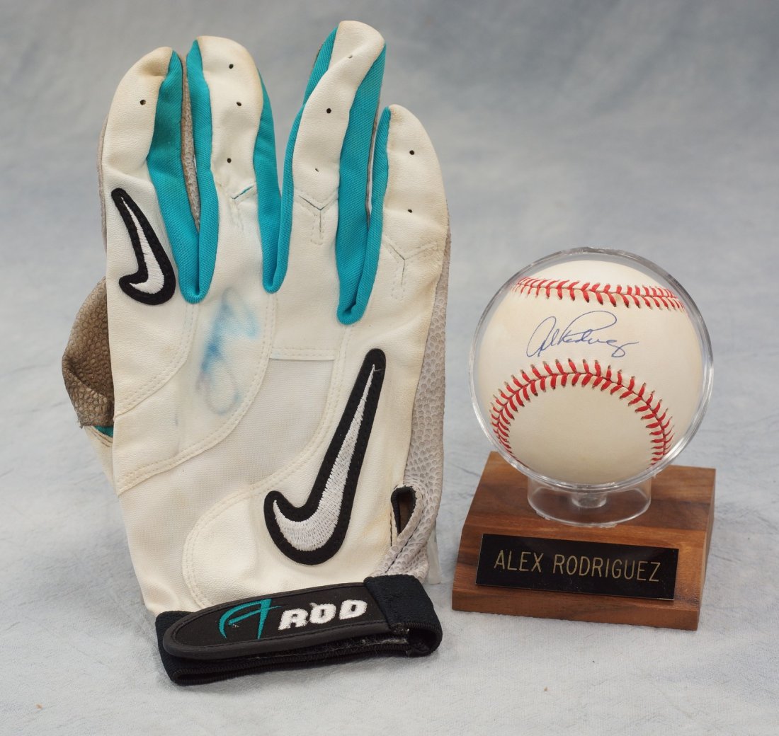 Alex Rodriguez, autographed game worn 1998 batting: Alex Rodriguez, autographed game worn 1998 batting glove, and autographed Rawlings American League ball both with Wall of Fame / Scoreboard COA's