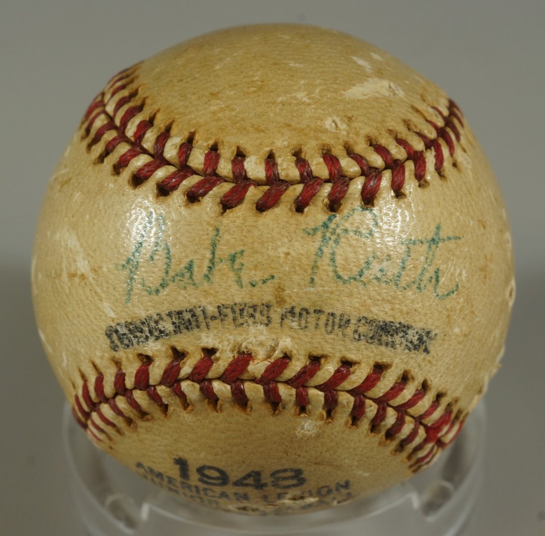 Babe Ruth mini ball with the markings from the 1948: Babe Ruth mini ball with the markings from the 1948 American Legion baseball tour, The intent of these balls was to be handed out by Ruth at events hosted by the Ford Motor Company (sponsor). Many of 