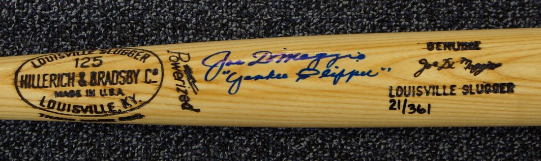 Joe DiMaggio, autographed natural wood 125 Louisville: Joe DiMaggio, autographed natural wood 125 Louisville Slugger, blue ink, 21/361, with Lawyer COA for Clipper Enterprises