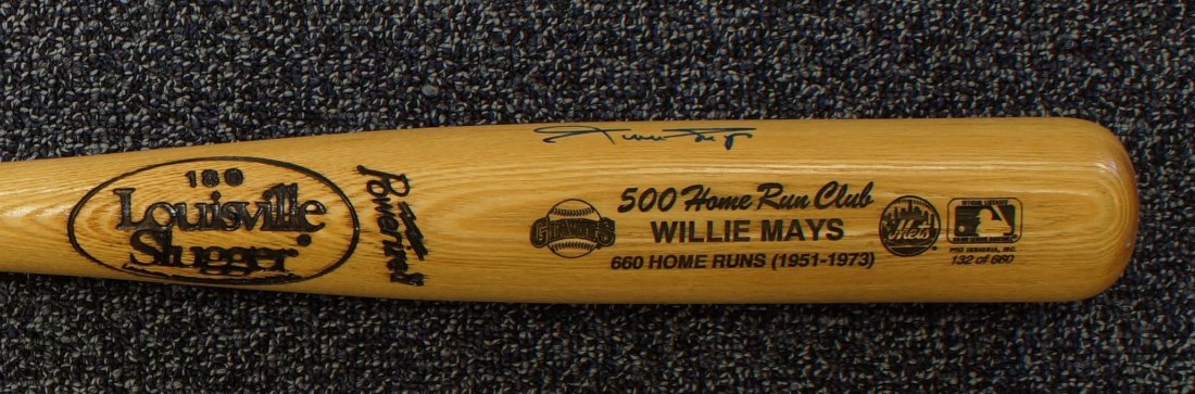 Willie Mays, autographed 180 Louisville Slugger, blue: Willie Mays, autographed 180 Louisville Slugger, blue ink on natural wood, branded "500 Home Run Club"