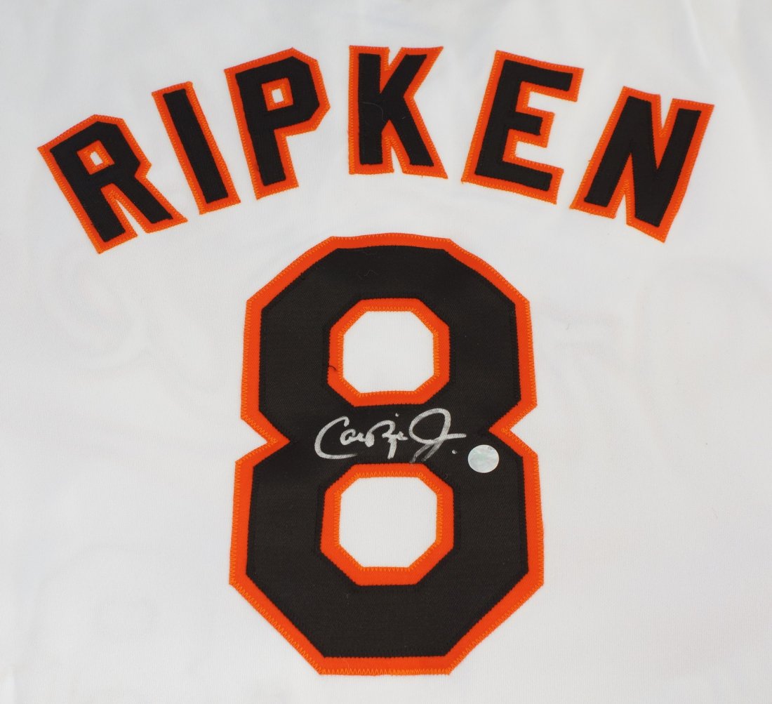 Cal Ripken Jr, autographed Orioles Russell Athletic: Cal Ripken Jr, autographed Orioles Russell Athletic Diamond Collection jersey, full length size 48, signed on back "8", with Ken Goldin - Sports Mktg. COA