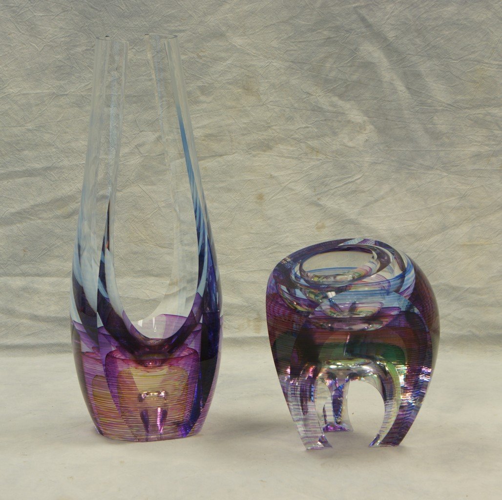 Michael David: two art glass sculptures both pieces are: Michael Davis: two art glass sculptures both pieces are signed and numbered on bases tallest 17" h x 6 1/2" w, smallest 8 1/2" h x 5 1/2" w