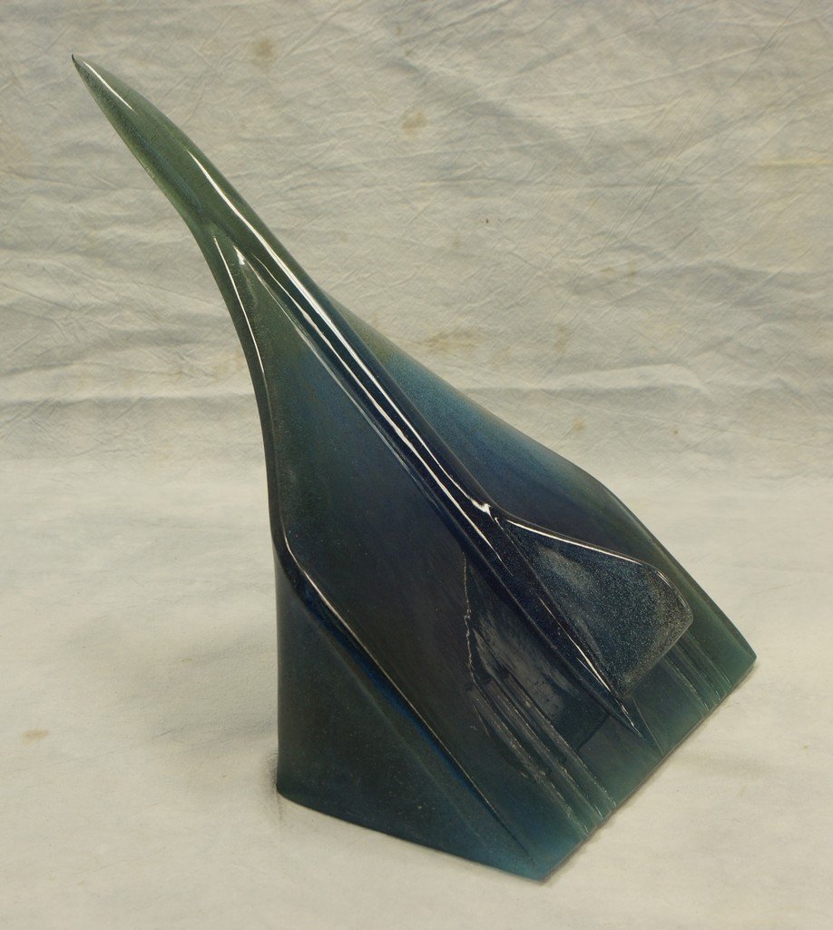 Airplane in flight Daum, France blue pate de verre: Airplane in flight Daum, France blue pate de verre glass model signed ‘Daum Nancy’ on base length: 15 in.