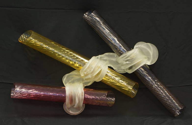 Colored glass tubular wall sculpture, cranberry, amber, Aug 19, 2014