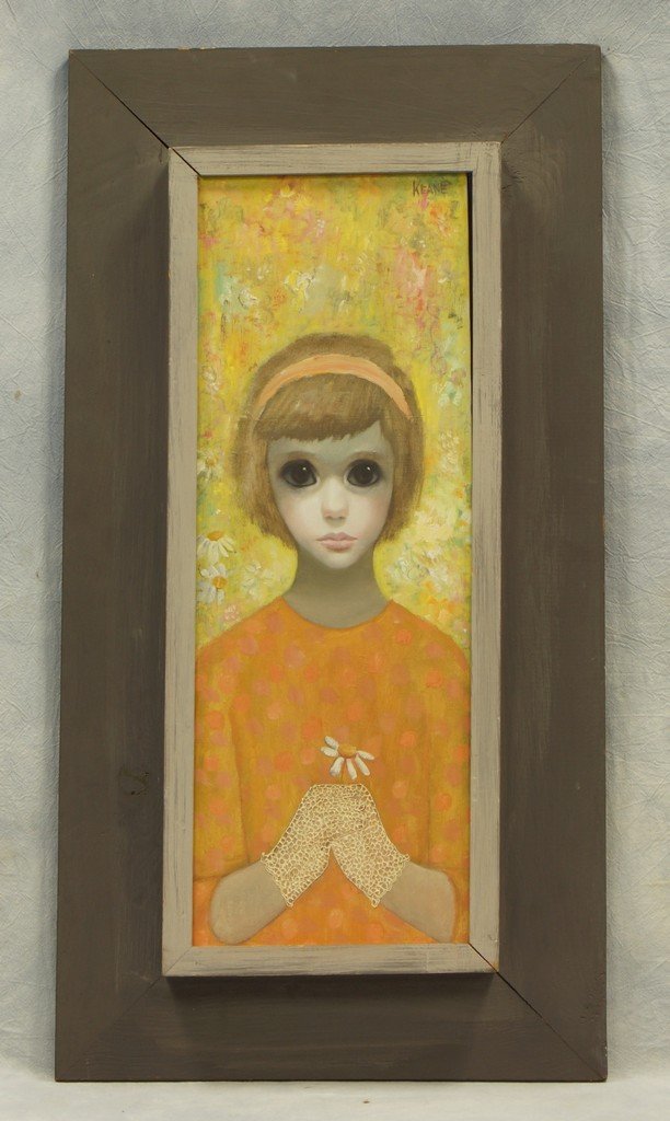 Margaret Keane, American, b 1927, Oil on canvas, Young: Margaret Keane, American, b 1927, Oil on canvas, Young Girl in Orange, artist signed upper right, 21" x 7 1/2" sight size, Framed with liner