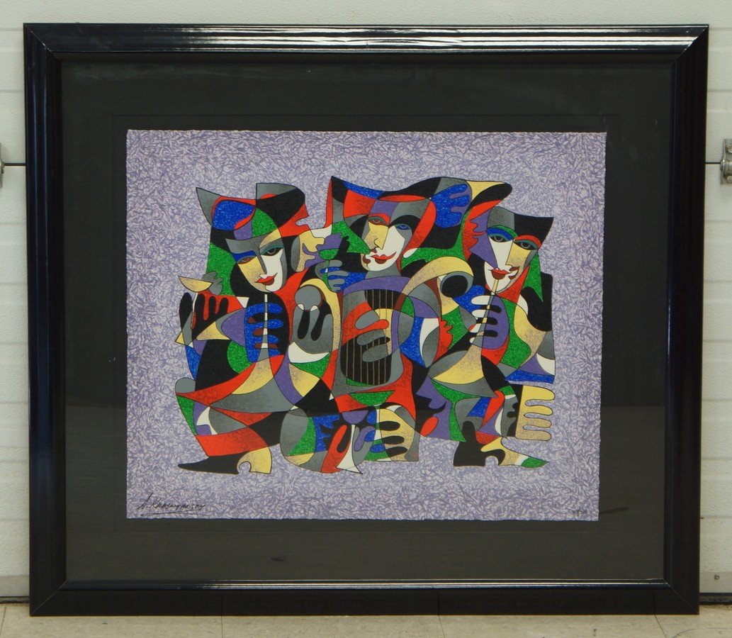 Anatole Krasnyansky, Ukrainian, b 1930, Lithograph,: Anatole Krasnyansky, Ukrainian, b 1930, Lithograph, Harlequin Musicians, Signed lower left, Edition 157/350, 21 1/2" x 26 sight size, 32 1/2" x 37" framed