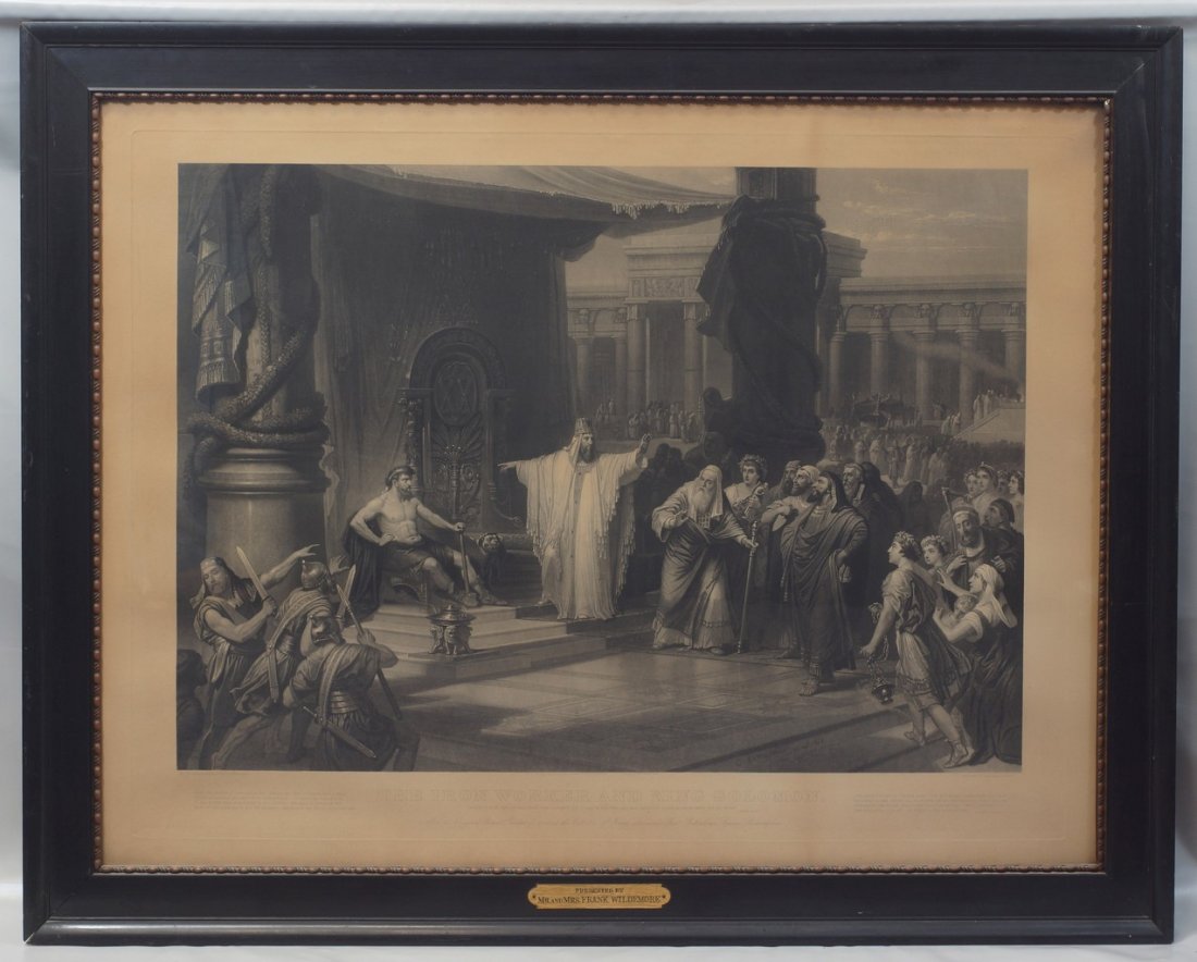 After Prof C Schussele, Christian Schussele,: After Prof C Schussele, Christian Schussele, 1826-1879, b&w engraving, The Iron Worker and King Solomon, engraved by John Sartain, Phila, 1864, image size 25 1/2" x 36 1/4", original black lacquer fra