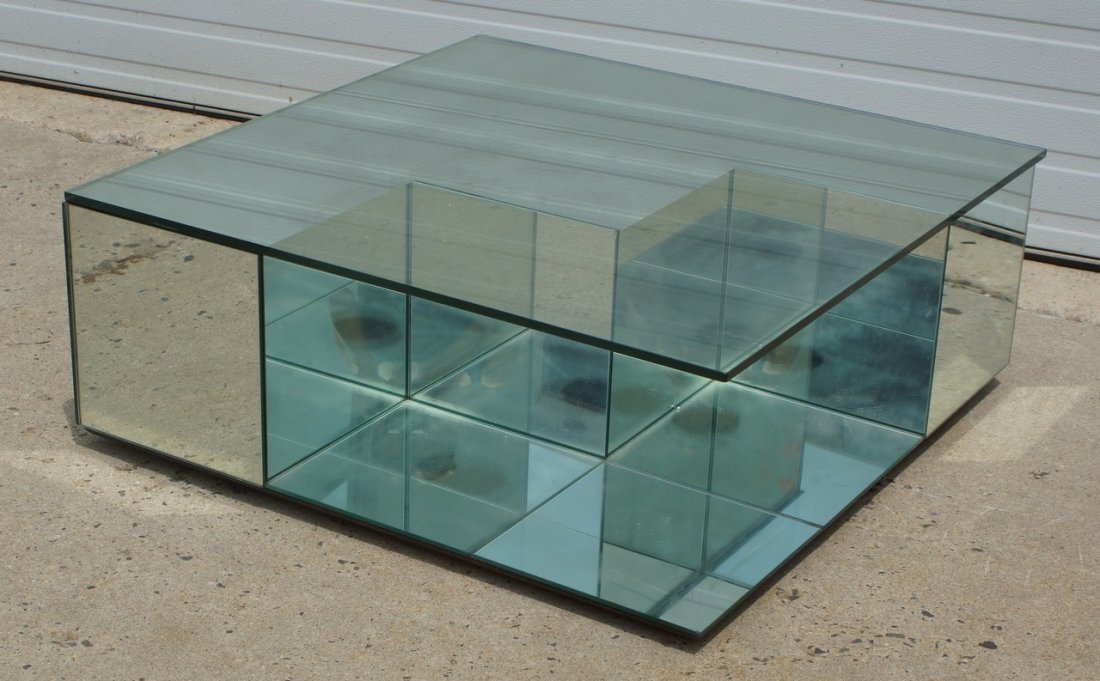 Mirrored coffee table with glass top, 14" h, 36" w, 36": Mirrored coffee table with glass top, 14" h, 36" w, 36" d