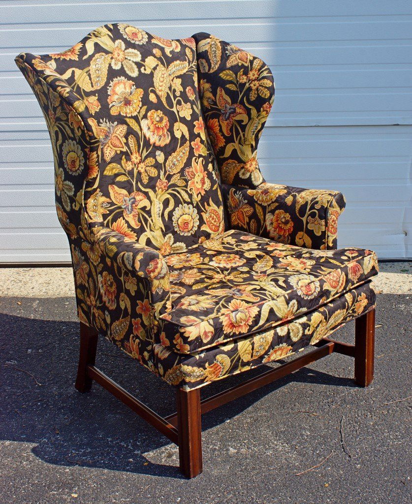 Kittinger Chippendale style stretcher base wing chair,: Kittinger Chippendale style stretcher base wing chair, 45-1/2" h, 32" w, 26" d