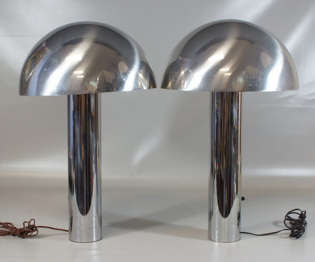 Pair Robert Sonneman chrome table lamps, mushroom shade: Pair of Robert Sonneman chrome table lamps, mushroom shades, 26 1/2" h, lacking one screw to fasten shade to top, one with original Sonneman label