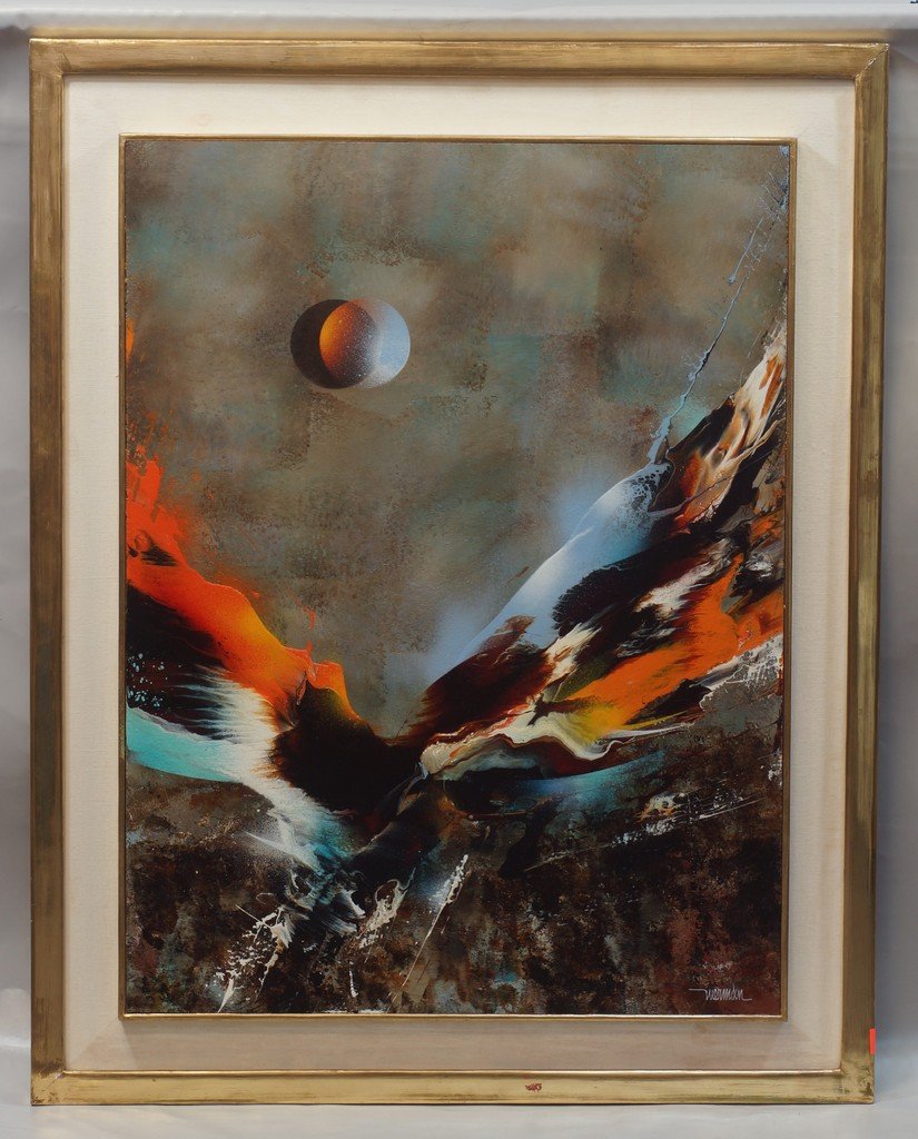 Leonardo Nierman, Mexico, b 1932, acrylic on masonite,: Leonardo Nierman, Mexico, b 1932, acrylic on masonite, "Bird of Paradise", 32" x 24", with a book by Julio Cortazar & Max Paul Fouchet, titled "Leonardo Nierman", published by Lublin Graphics, Greenwi