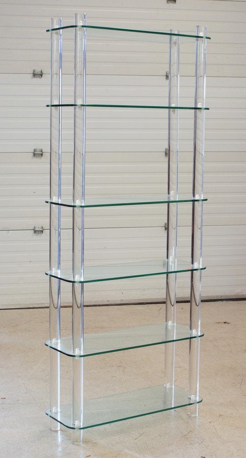 Lucite and glass shelving unit with 6 shelves, 74-1/2": Lucite and glass shelving unit with 6 shelves, 74-1/2" h, 30" w, 12" d