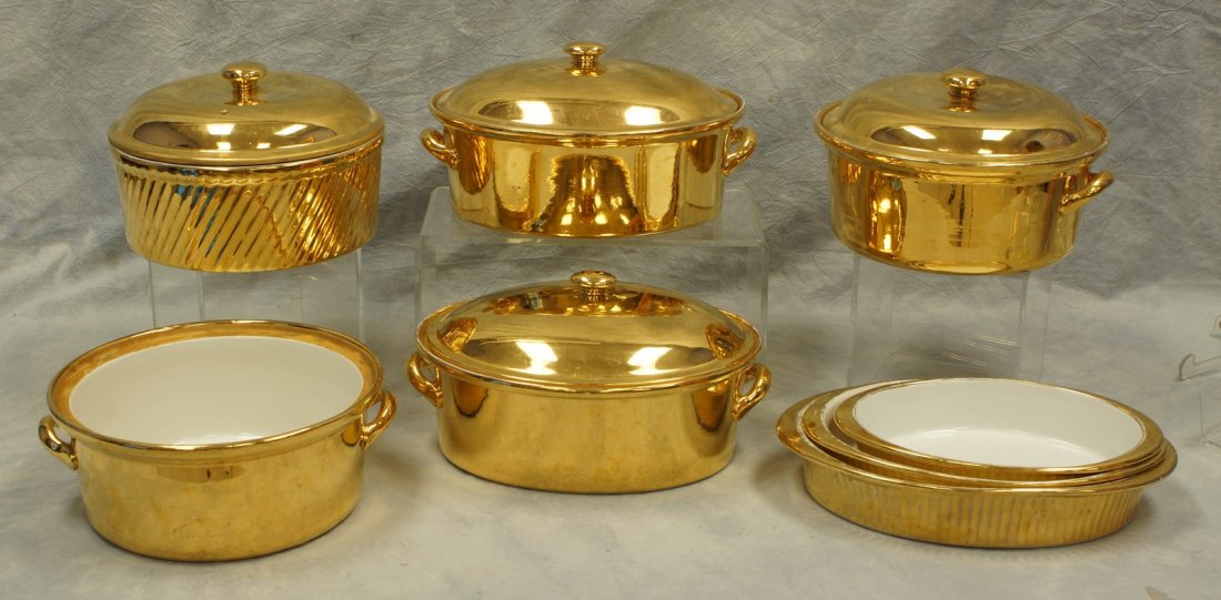5 pcs Hall Golden Glow 22 carat gold decorated serving: 5 pcs Hall Golden Glow 22 carat gold decorated serving pieces c/o 2 oval lidded casseroles, 11 1/2" l, 3 round covered casseroles, 10" d, 1 missing a lid, along with 3 Apilco, France oval open gold ca